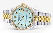 Diamond Gold Rolex Watch | Diamond Bezel | 31MM | Baby Blue Diamond Dial | Jubilee Band