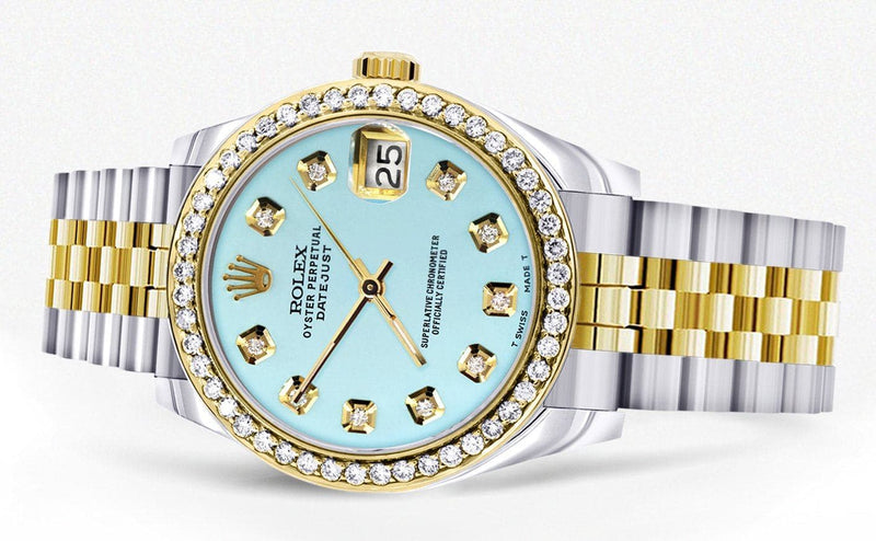 Diamond Gold Rolex Watch | Diamond Bezel | 31MM | Baby Blue Diamond Dial | Jubilee Band