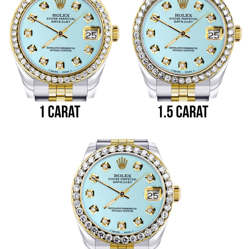 Diamond Gold Rolex Watch | Diamond Bezel | 31MM | Baby Blue Diamond Dial | Jubilee Band