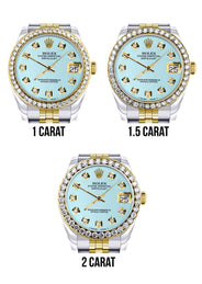Diamond Gold Rolex Watch | Diamond Bezel | 31MM | Baby Blue Diamond Dial | Jubilee Band