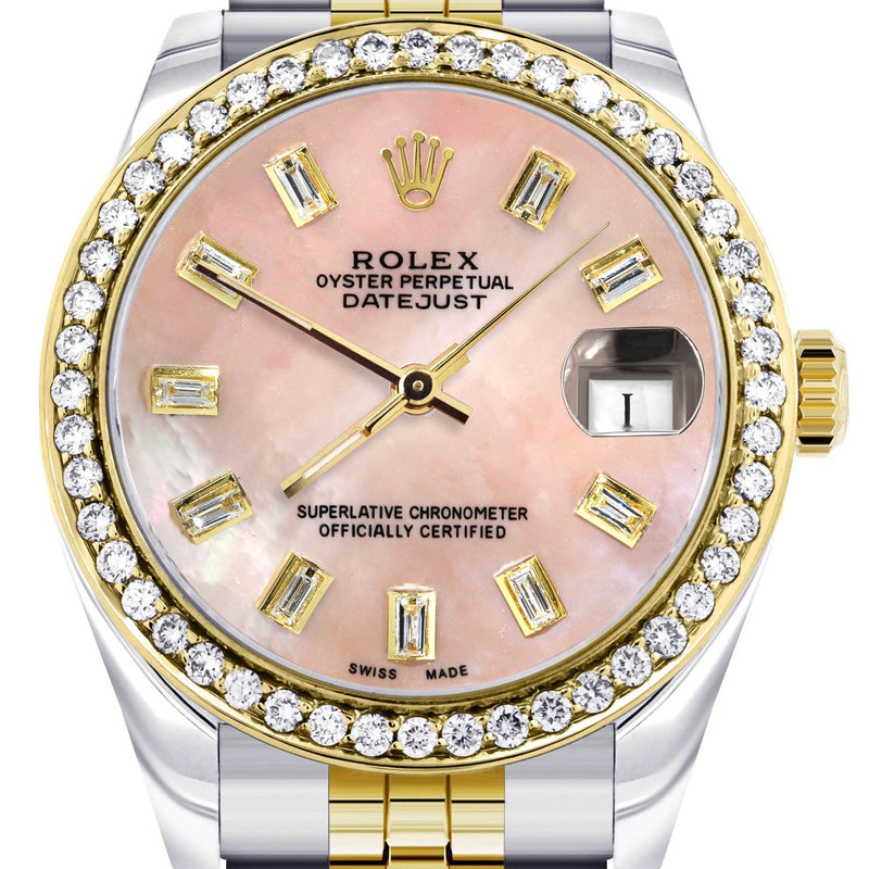 Diamond Gold Rolex Watch | 68273 | Diamond Bezel | 31MM | Pink Mother of Pearl Diamond Dial | Jubilee Band