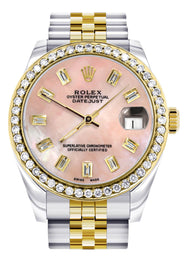 Diamond Gold Rolex Watch | 68273 | Diamond Bezel | 31MM | Pink Mother of Pearl Diamond Dial | Jubilee Band