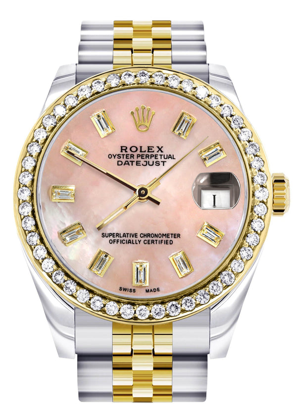 Diamond Gold Rolex Watch | 68273 | Diamond Bezel | 31MM | Pink Mother of Pearl Diamond Dial | Jubilee Band