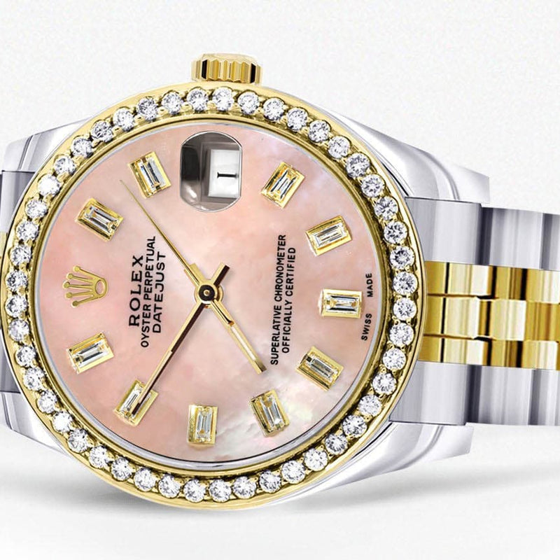 Diamond Gold Rolex Watch | 68273 | Diamond Bezel | 31MM | Pink Mother of Pearl Diamond Dial | Jubilee Band
