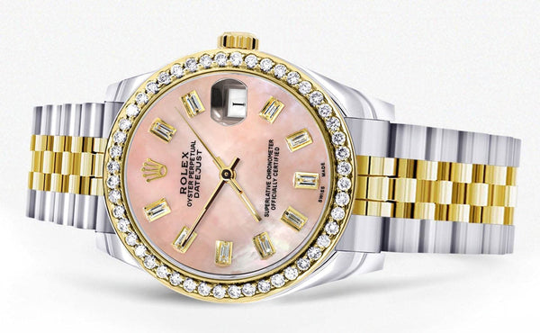 Diamond Gold Rolex Watch | 68273 | Diamond Bezel | 31MM | Pink Mother of Pearl Diamond Dial | Jubilee Band