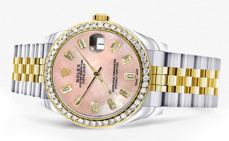Diamond Gold Rolex Watch | 68273 | Diamond Bezel | 31MM | Pink Mother of Pearl Diamond Dial | Jubilee Band