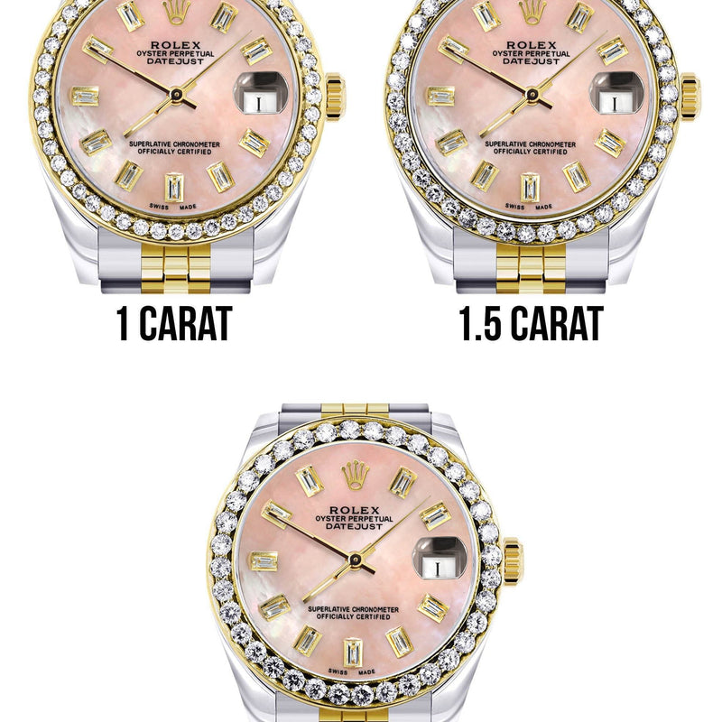 Diamond Gold Rolex Watch | 68273 | Diamond Bezel | 31MM | Pink Mother of Pearl Diamond Dial | Jubilee Band