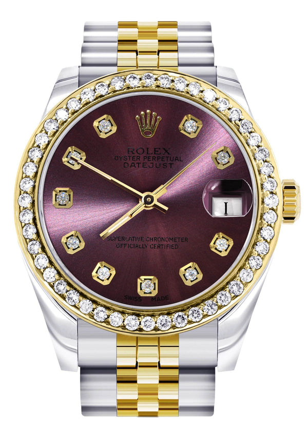 Diamond Gold Rolex Watch | 68273 | Diamond Bezel | 31MM | Purple Diamond Dial | Jubilee Band