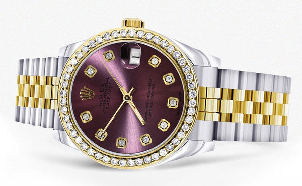 Diamond Gold Rolex Watch | 68273 | Diamond Bezel | 31MM | Purple Diamond Dial | Jubilee Band