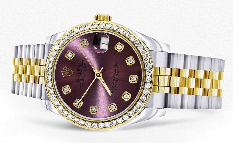 Diamond Gold Rolex Watch | 68273 | Diamond Bezel | 31MM | Purple Diamond Dial | Jubilee Band