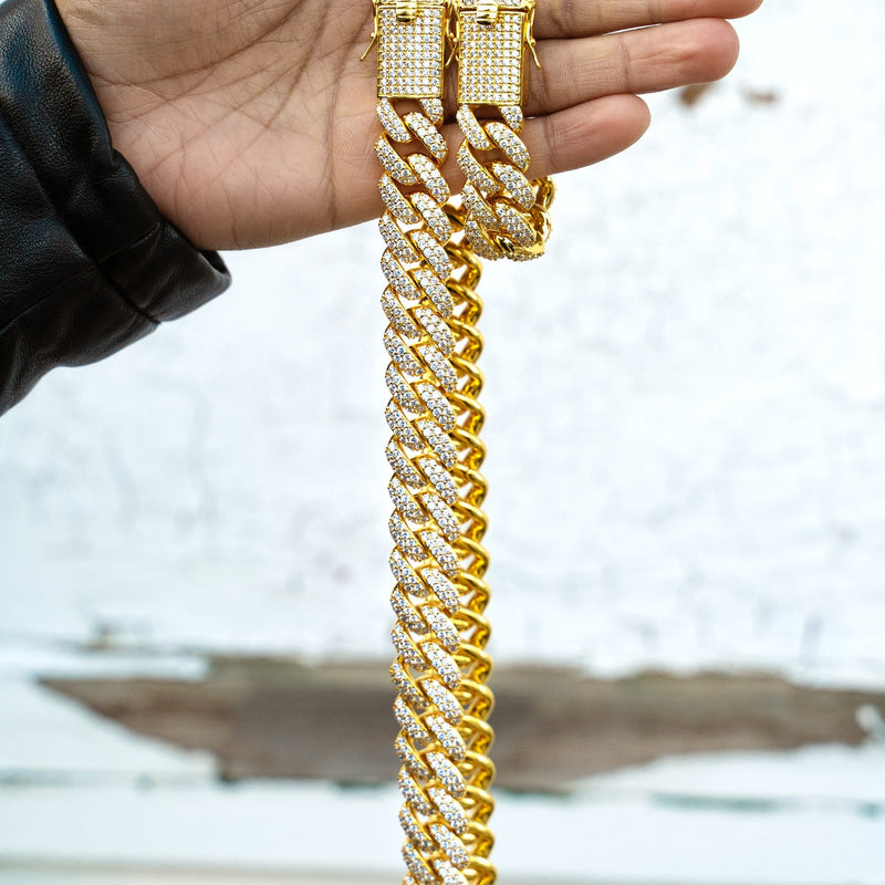Yellow Gold Plated Iced Out Miami Cuban Link Chain & Bracelet
