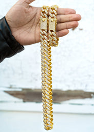 Yellow Gold Plated Iced Out Miami Cuban Link Chain & Bracelet