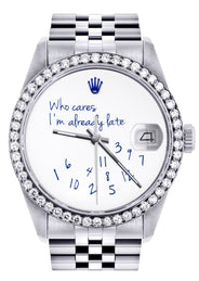 Diamond Mens Rolex Datejust Watch 16200 | 36Mm | "Who Cares I'm Already Late" Custom Dial | Jubilee Band
