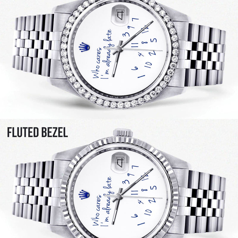 Diamond Mens Rolex Datejust Watch 16200 | 36Mm | "Who Cares I'm Already Late" Custom Dial | Jubilee Band