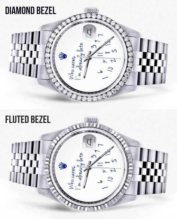 Diamond Mens Rolex Datejust Watch 16200 | 36Mm | "Who Cares I'm Already Late" Custom Dial | Jubilee Band