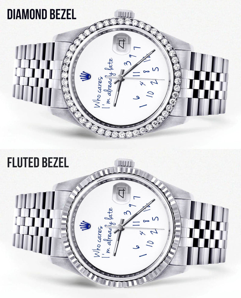 Diamond Mens Rolex Datejust Watch 16200 | 36Mm | "Who Cares I'm Already Late" Custom Dial | Jubilee Band