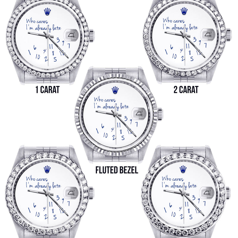Diamond Mens Rolex Datejust Watch 16200 | 36Mm | "Who Cares I'm Already Late" Custom Dial | Jubilee Band