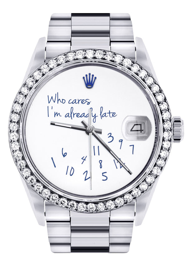 Diamond Mens Rolex Datejust Watch 16200 | 36Mm | "Who Cares I'm Already Late" Custom Dial | Oyster Band