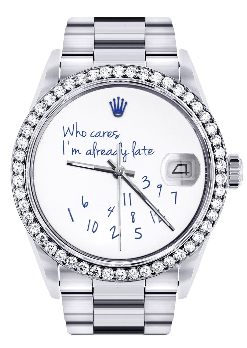 Diamond Mens Rolex Datejust Watch 16200 | 36Mm | "Who Cares I'm Already Late" Custom Dial | Oyster Band