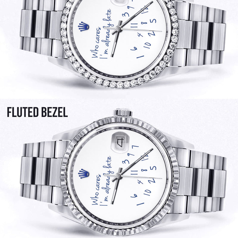 Diamond Mens Rolex Datejust Watch 16200 | 36Mm | "Who Cares I'm Already Late" Custom Dial | Oyster Band