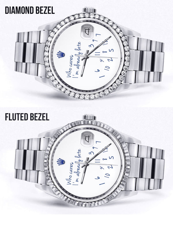 Diamond Mens Rolex Datejust Watch 16200 | 36Mm | "Who Cares I'm Already Late" Custom Dial | Oyster Band