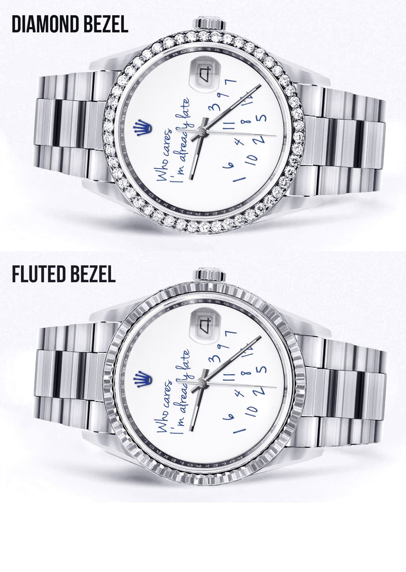 Diamond Mens Rolex Datejust Watch 16200 | 36Mm | "Who Cares I'm Already Late" Custom Dial | Oyster Band