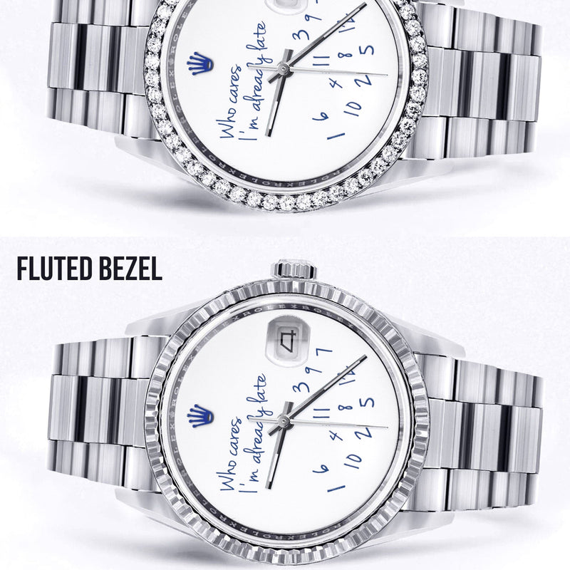 Diamond Mens Rolex Datejust Watch 16200 | 36Mm | "Who Cares I'm Already Late" Custom Dial | Oyster Band
