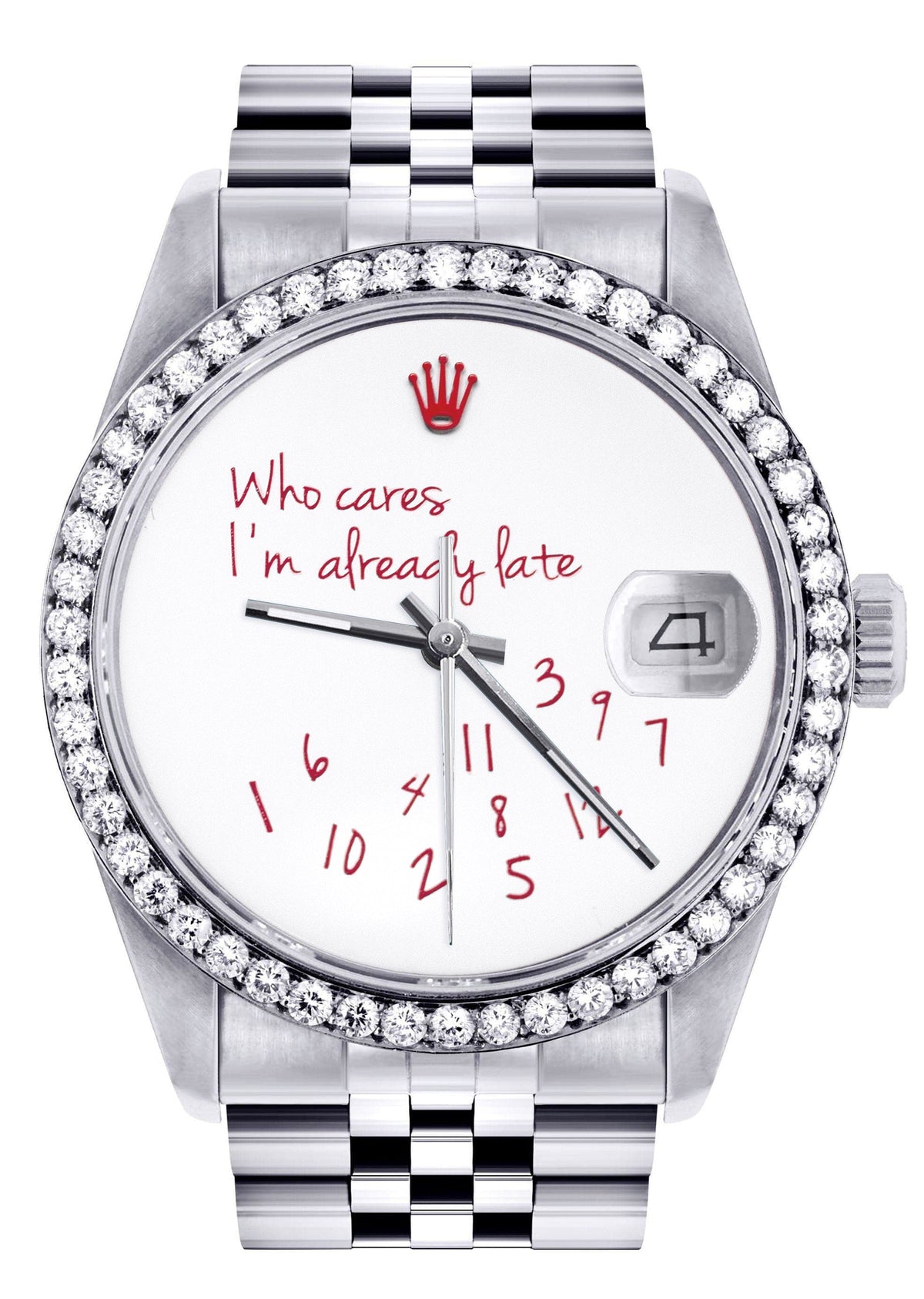 Diamond Mens Rolex Datejust Watch 16200 | 36Mm | "Who Cares I'm Already Late" Custom Dial | Jubilee Band