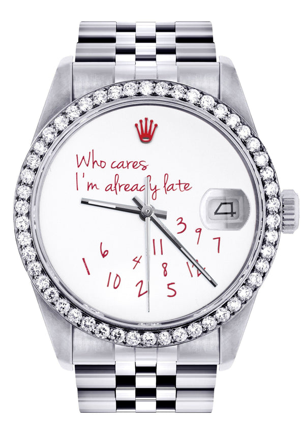 Diamond Mens Rolex Datejust Watch 16200 | 36Mm | "Who Cares I'm Already Late" Custom Dial | Jubilee Band