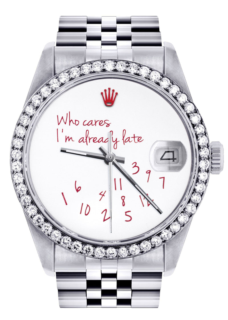 Diamond Mens Rolex Datejust Watch 16200 | 36Mm | "Who Cares I'm Already Late" Custom Dial | Jubilee Band