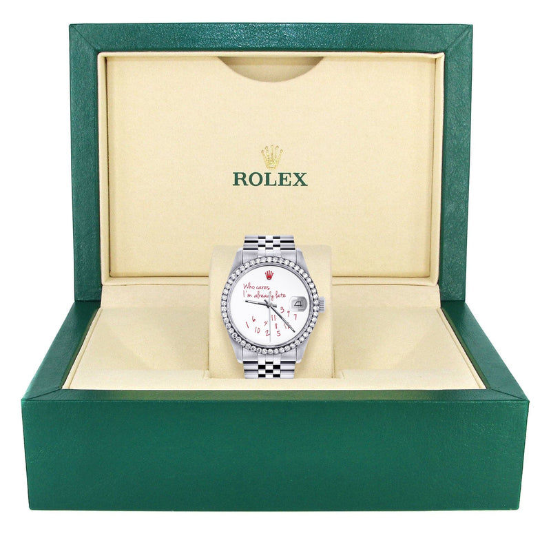 Diamond Mens Rolex Datejust Watch 16200 | 36Mm | "Who Cares I'm Already Late" Custom Dial | Jubilee Band