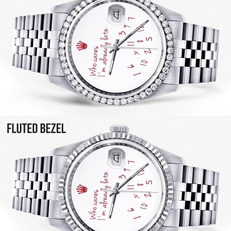 Diamond Mens Rolex Datejust Watch 16200 | 36Mm | "Who Cares I'm Already Late" Custom Dial | Jubilee Band