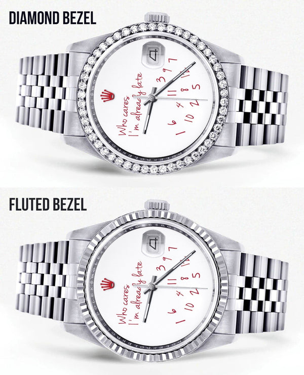 Diamond Mens Rolex Datejust Watch 16200 | 36Mm | "Who Cares I'm Already Late" Custom Dial | Jubilee Band