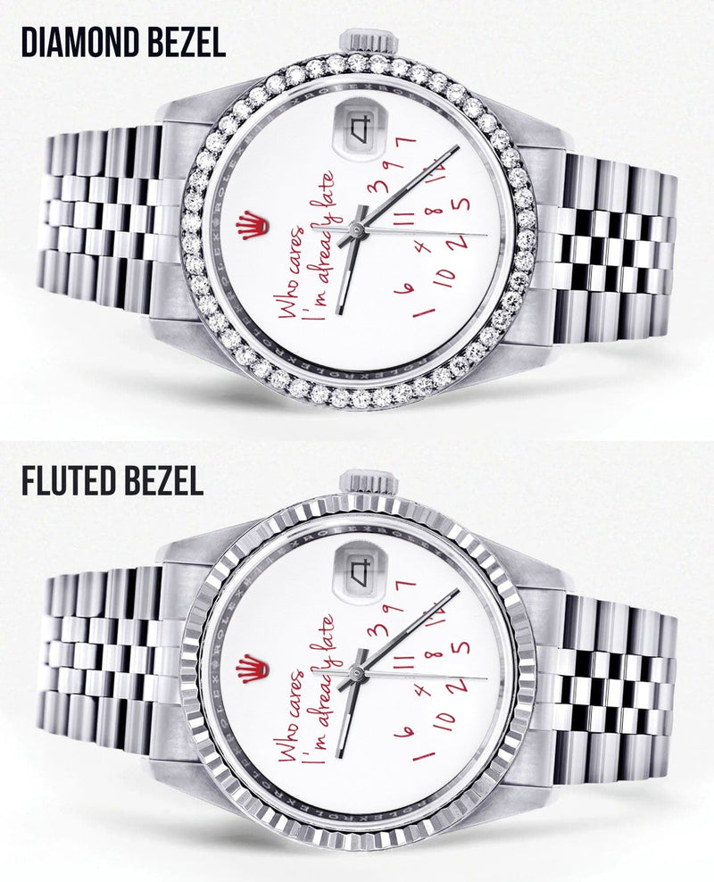 Diamond Mens Rolex Datejust Watch 16200 | 36Mm | "Who Cares I'm Already Late" Custom Dial | Jubilee Band