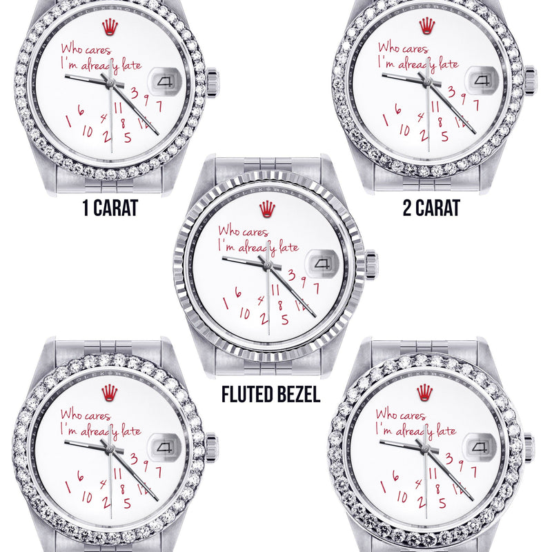 Diamond Mens Rolex Datejust Watch 16200 | 36Mm | "Who Cares I'm Already Late" Custom Dial | Jubilee Band