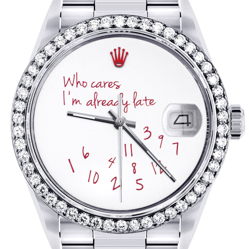 Diamond Mens Rolex Datejust Watch 16200 | 36Mm | "Who Cares I'm Already Late" Custom Dial | Oyster Band
