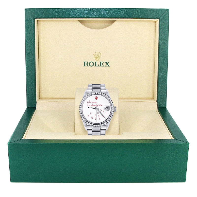 Diamond Mens Rolex Datejust Watch 16200 | 36Mm | "Who Cares I'm Already Late" Custom Dial | Oyster Band