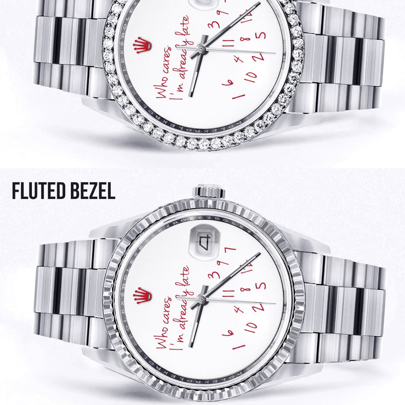 Diamond Mens Rolex Datejust Watch 16200 | 36Mm | "Who Cares I'm Already Late" Custom Dial | Oyster Band