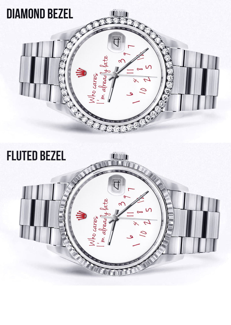 Diamond Mens Rolex Datejust Watch 16200 | 36Mm | "Who Cares I'm Already Late" Custom Dial | Oyster Band