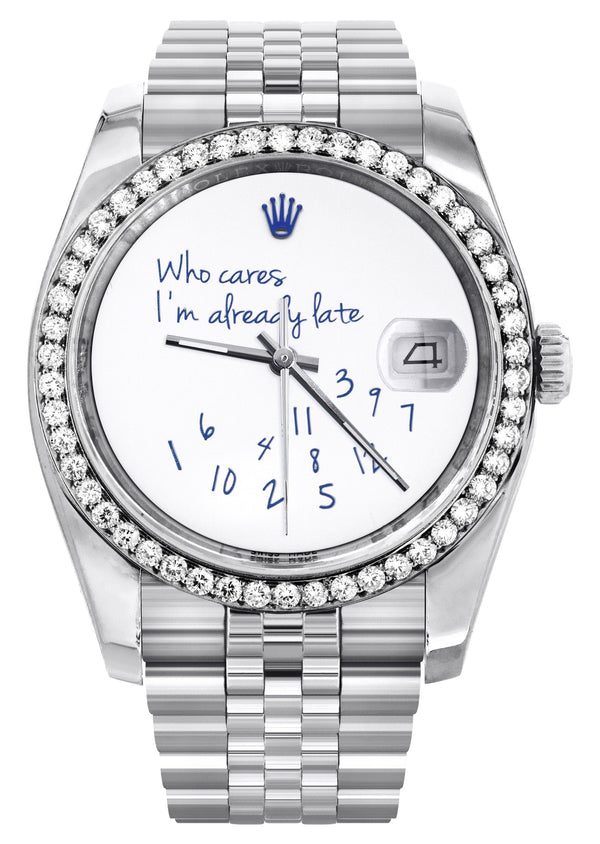 116200 | Hidden Clasp | Diamond Rolex Datejust Watch | 36Mm | "Who Cares I'm Already Late" Custom Dial | Jubilee Band