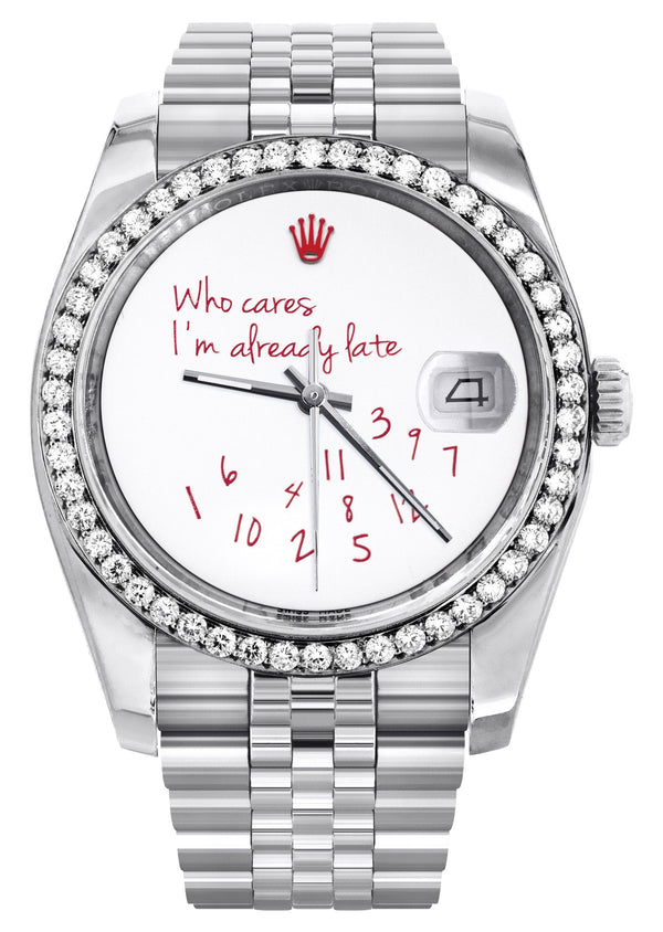 116200 | Hidden Clasp | Diamond Rolex Datejust Watch | 36Mm | "Who Cares I'm Already Late" Custom Dial | Jubilee Band