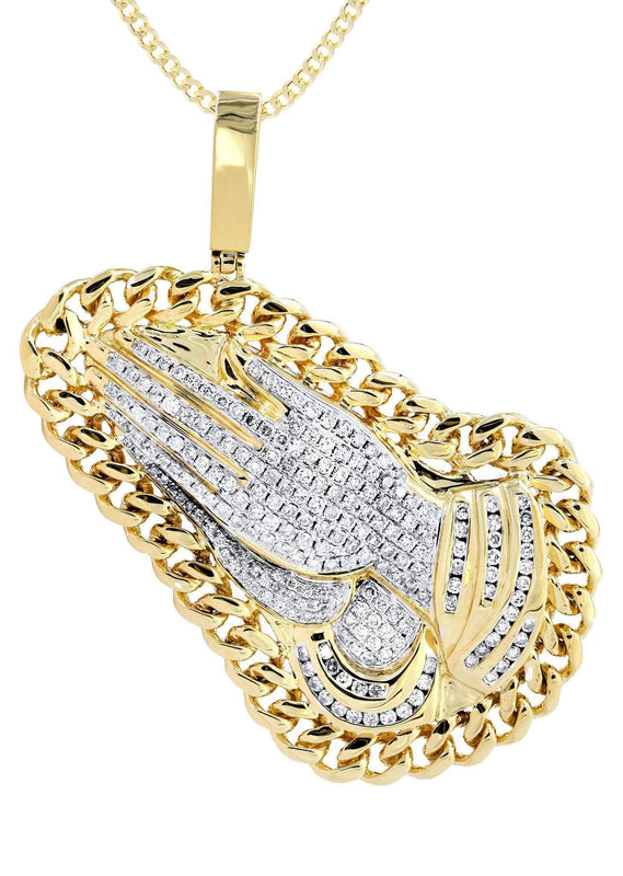 14 Yellow Gold Praying Hands Diamond Necklace | 4.23 Carats