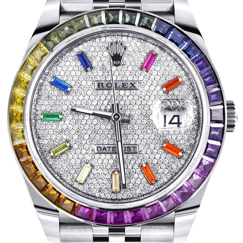 Rolex Datejust 41 Watch | 41 MM | Rainbow Sapphire Bezel | Rainbow Baguettes Diamond Dial | Jubilee Band