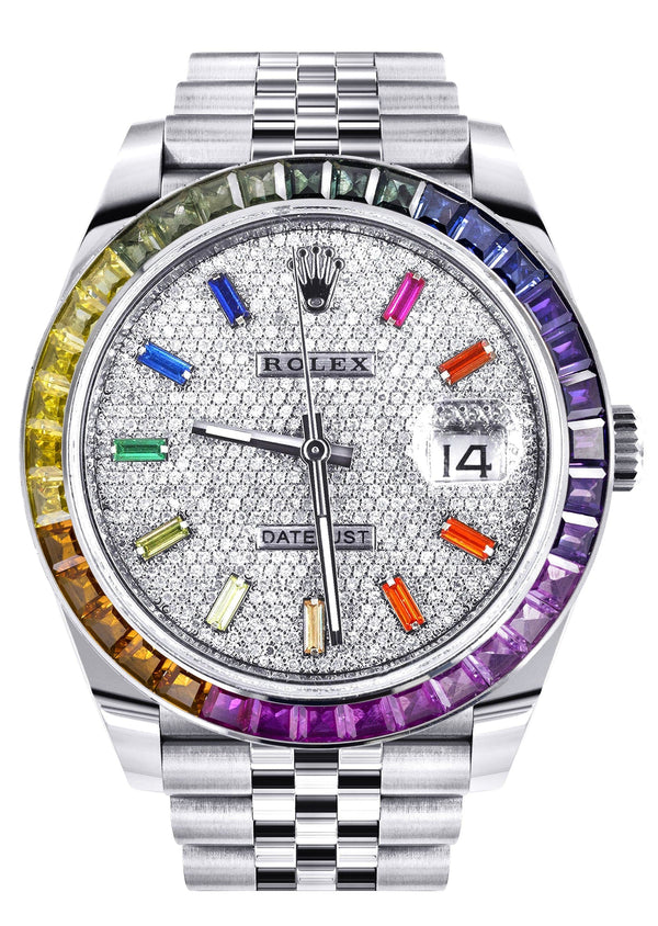 Rolex Datejust 41 Watch | 41 MM | Rainbow Sapphire Bezel | Rainbow Baguettes Diamond Dial | Jubilee Band