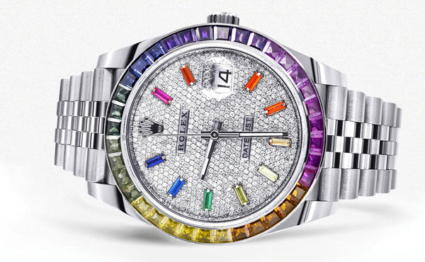 Rolex Datejust 41 Watch | 41 MM | Rainbow Sapphire Bezel | Rainbow Baguettes Diamond Dial | Jubilee Band