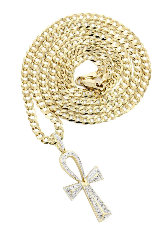 10K Yellow Gold Big Ankh Diamond Necklace  | 0.45 Carats