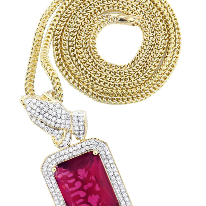 14K Yellow Gold Ruby Praying Hands Diamond Necklace  | 2.91 Carats