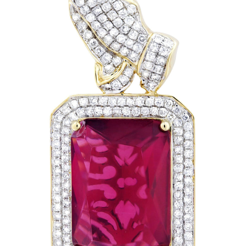 14K Yellow Gold Ruby Praying Hands Diamond Necklace  | 2.91 Carats