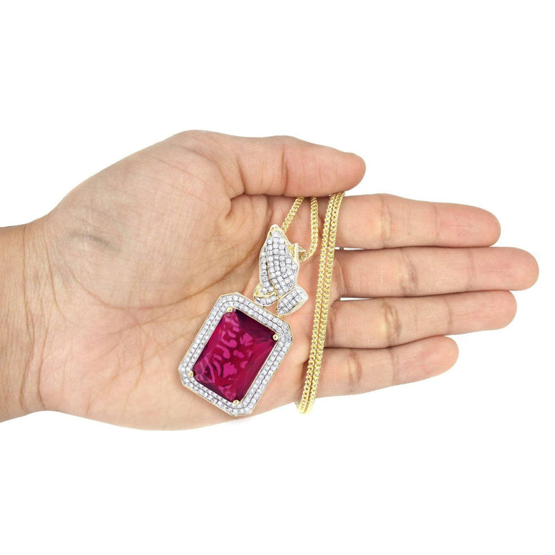 14K Yellow Gold Ruby Praying Hands Diamond Necklace  | 2.91 Carats