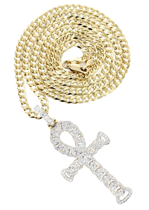 14K Yellow Gold Ankh Diamond Necklace  | 1.88 Carats